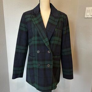 Avec Les Filles Navy and Green Plaid Double-Breasted Coat
